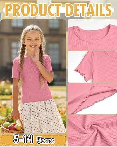 LessonZoo 4 Pack Girls Short Sleeve Tops Ribbed Cotton Lettuce Trim T Shirts Crew Neck Cute Basic Tees for Kids Teen 5-14Y thumbnail 5