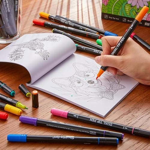 Shuttle Art Dual Tip Brush Pens, 96 Colours Fine and Brush Tip Markers Set with Pen Holder & 1 Colouring Book, Felt Tip Colouring Pens for Adults and Children Colouring Calligraphy Journal Doodling thumbnail 2