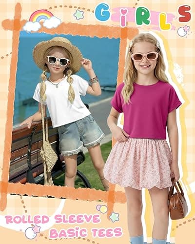 Mumucove 4 Pack Girls Crop Tops Kids Short Rolled Sleeve Shirts Loose Crew Neck Casual T-Shirts Cute Basic Summer Tees thumbnail 4