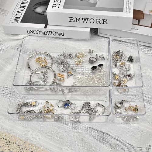Manalete 15 Pcs Clear Plastic Drawer Organizer, Makeup & Vanity Organizer | 4-Size Versatile Desk Organizer & Storage Bins for Kitchen, Bathroom, Office, Jewelries, Easy Clean, Stackable, BPA-Free thumbnail 2