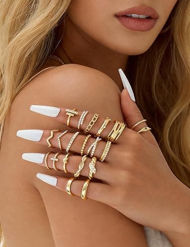 Dodder Gold Stackable Rings Set for Women, Gold Plated Chunky Crystal Finger Midi Stacking Rings, Dainty Statement Thumb Knuckle Rings Pack for Gift, Multiple Sizes Jewelry thumbnail 3