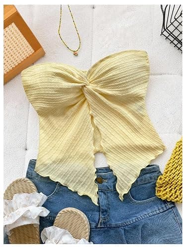Milumia Girl's Strapless Tube Top Twist Front Asymmetrical Split Sleeveless Bandeau Tops thumbnail 3