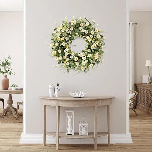 Sggvecsy White Daisy Wreath 24 Inch with Fake Silk Floral Green Eucalyptus Leaves and Lavender for Spring Summer Front Door Window Wall Wedding Farmhouse Festival Decor - White thumbnail 5