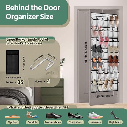 35 Pocket Over the Door Shoe Organizer,Reusable Breathable Large Mesh Bag Men's & Women's Sneaker Organizer,Shoe Organizer for Kids,Hanging Shoe Storage Hanging Bag (White) thumbnail 2