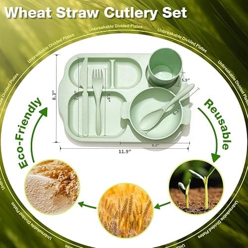 Hlukana 24 Pcs Wheat Straw Dinnerware Cutlery Set, Unbreakable Tableware Set, Including Kids Toddlers Divided Plates, Bowls, Cup, Cutlery Spoons Knifes Forks, BPA Free, Microwave Dishwasher Safe thumbnail 3