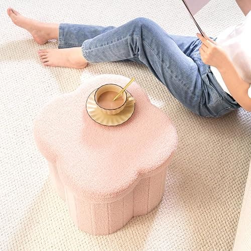 B FSOBEIIALEO Storage Ottoman Cube, Flowers Shaped Ottomans with Storage Foot Stool Footrest, Boucle Ottoman Seat for Dorm Room, Faux Teddy Fur, Pink 15"x15"x15" thumbnail 2