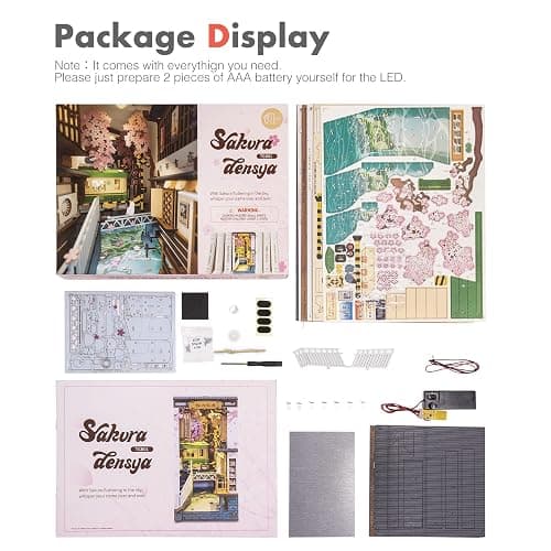 ROBOTIME DIY Book Nook Kit DIY Miniature Dollhouse Booknook Kit 3D Wooden Puzzle with LED Light,Decorative Bookend Bookshelf Insert Decor for Teens and Adults (Sakura Tram) thumbnail 8