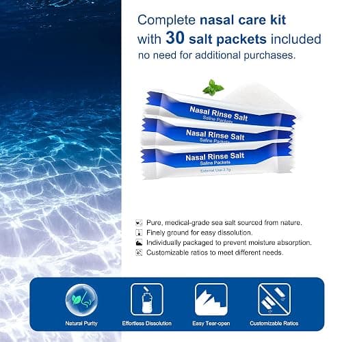 MAOEVER Neti Pot Sinus Rinse Bottle Nose Wash Cleaner Pressure Rinse Nasal Irrigation for Adult & Kid BPA Free 300 ML with 30 Nasal Wash Salt Packets and Sticker Thermometer(Blue) thumbnail 4