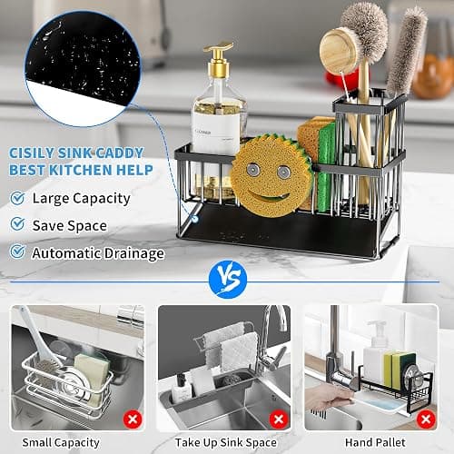 Cisily Sink Caddy With Smiley Face Sponge Holder, 304 Stainless Steel Rustproof(Black) thumbnail 3