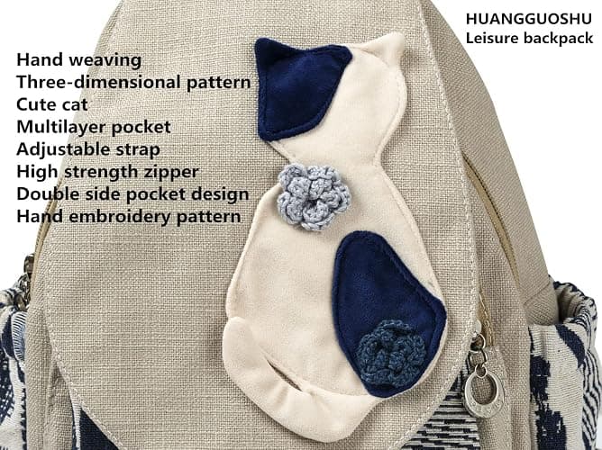 HUANGGUOSHU Boho and Bohemian Small Canvas Backpack Purse for Women - Adjustable Carry Sling Bag, Embroidered and Woven Tapestry Patterns 1 Cat thumbnail 3