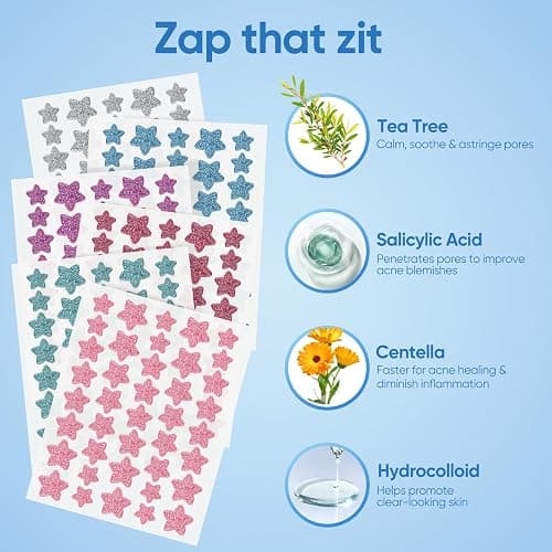 QUSTERE Pimple Patches for Face, Hydrocolloid Acne Patches, Sparkling Star Zit Covers, Colorful Spot Stickers with Tea Tree, Salicylic Acid & Cica Oil| 3 Sizes (10mm, 12mm & 14mm) |240 Count thumbnail 4
