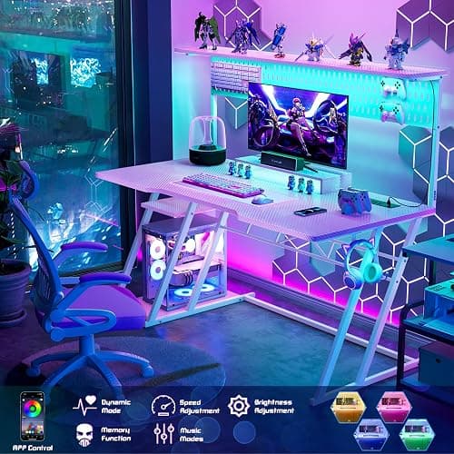 Armocity Pink Gaming Desk with Hutch and LED Lights, 53" Computer Desk with Storage Shelves, Reversible PC Gaming Desk with Pegboard, Gamer Desks for Bedroom, Carbon Fiber Surface thumbnail 4