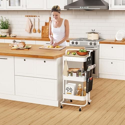 DTK 3 Tier Metal Utility Rolling Cart with Table Top and Side Bags, Metal Tray Storage Organizer Cart with Wheels, Art Craft Cart with 4 Hooks for Kitchen Bathroom Office Living Room (White) thumbnail 2