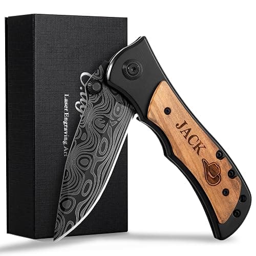 Manual Folding Pocket Knife for Men, Custom Engraved Wood Handle Gift | Laser wave-pattern blade, wood handle, manual folding 6.1in EDC; gift for dad husband son groomsmen birthday - Image 1