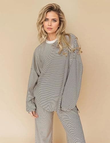MISSACTIVER Women's 2 Piece Striped Lounge Set Long Sleeve Oversized T-Shirt Wide Leg Pants Matching Pajamas Set thumbnail 3