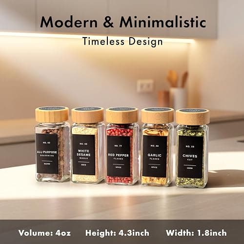 EDELHAUS® Square Spice Jars with Bamboo Wooden Lid (Pack of 24) Spice Jars with Shaker Insert and 240 Labels - Bamboo Lid Glass Container for Spice Organisation [4.3 in × 1.8 in] thumbnail 3