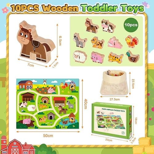 Kimzom Toys for 1 2 3 Year old Boys Girls, Montessori Matching Puzzles Games Wooden Farm Animal Toys for Toddlers, Birthday Gift Presents for 18 Months Plus Baby Puzzles with Snap Fasteners thumbnail 2