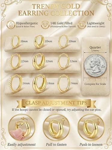 9 Pairs Gold Huggie Hoop Earrings for Women, 14K Gold Plated Stackable Set | Hypoallergenic Small Hoop Earrings, Lightweight Comfortable Huggies, Non Tarnish, Multiple Piercing Set, Great Gift for Women thumbnail 7