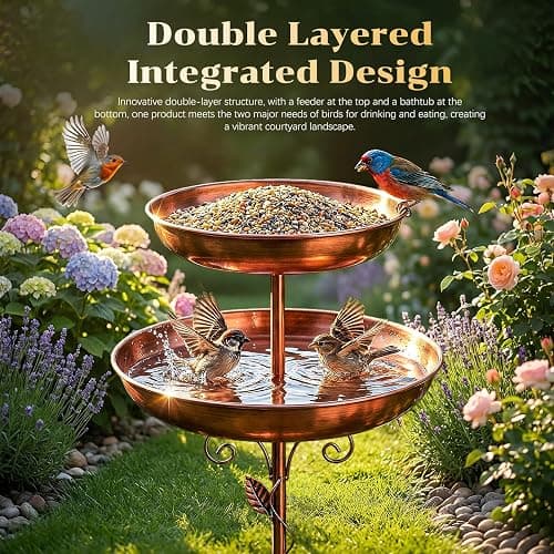 Metal Bird Bath for Outside, 47'' Adjustable Standing Bird Feeder for Outdoors, 2 in 1 Metal Birdbaths & Birdfeeder, Vintage Bird Bath Feeder Bowl, Bird Baths Water Bowl with Stable 5-Pronged Base thumbnail 7