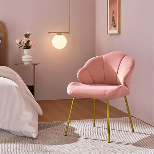 Yaheetech Velvet Armchair, Accent Tub Chair with Metal Legs, Cute Vanity Chair with Shell Shaped Backrest for Living Room/Bedroom/Makeup/Office, Pink thumbnail 4