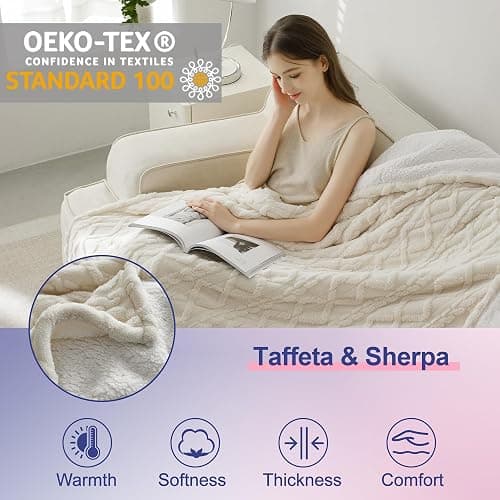 XINIUSLEEP Heated Blanket Electric Blanket 50"x60", Soft Taffeta Sherpa Electric Throw with 5 Heating Level & 1-12 Hour Auto Off, Heated Throw with Overheating Protection, Machine Washable (Beige) thumbnail 3