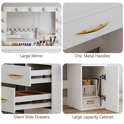 ALEXNUTRE Makeup Vanity Desk with Lights, 45.5" Large Vanity with Mirror and Lights in 3 Models, Vanity with Power Outlet, Vanity Desk with 5 Drawers, 2 Cabinets, Shelves for Bedroom, White thumbnail 4