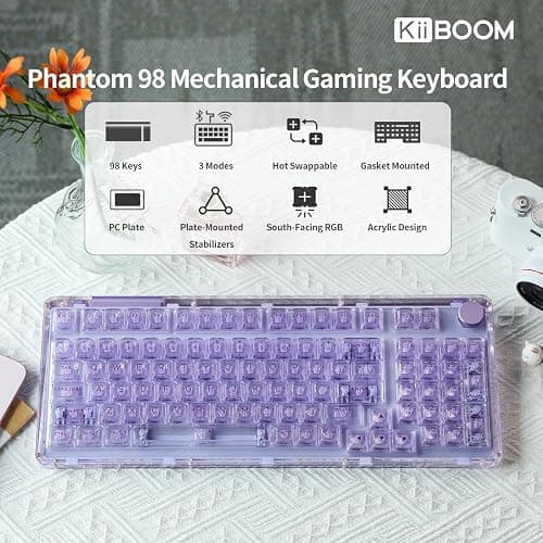 KiiBoom Phantom 98 Hot Swappable Crystal Gasket-Mounted Mechanical Keyboard, Triple Mode NKRO Gaming Keyboard with South-Facing RGB, Clear Keycaps, 8000mAh Battery for Win/Mac (Purple) thumbnail 2