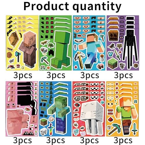24 Sheets Cartoon Stickers, Mixed & Matched with 8 Designed Characters(3 of Each) Stickers, Cute Pixel Party Favors thumbnail 4