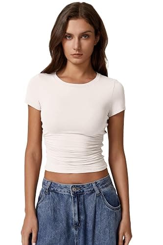 QINSEN Short Sleeve Shirts for Women Round Neck Basic Double Lined Tees Fitted Y2k Crop Tops thumbnail 5
