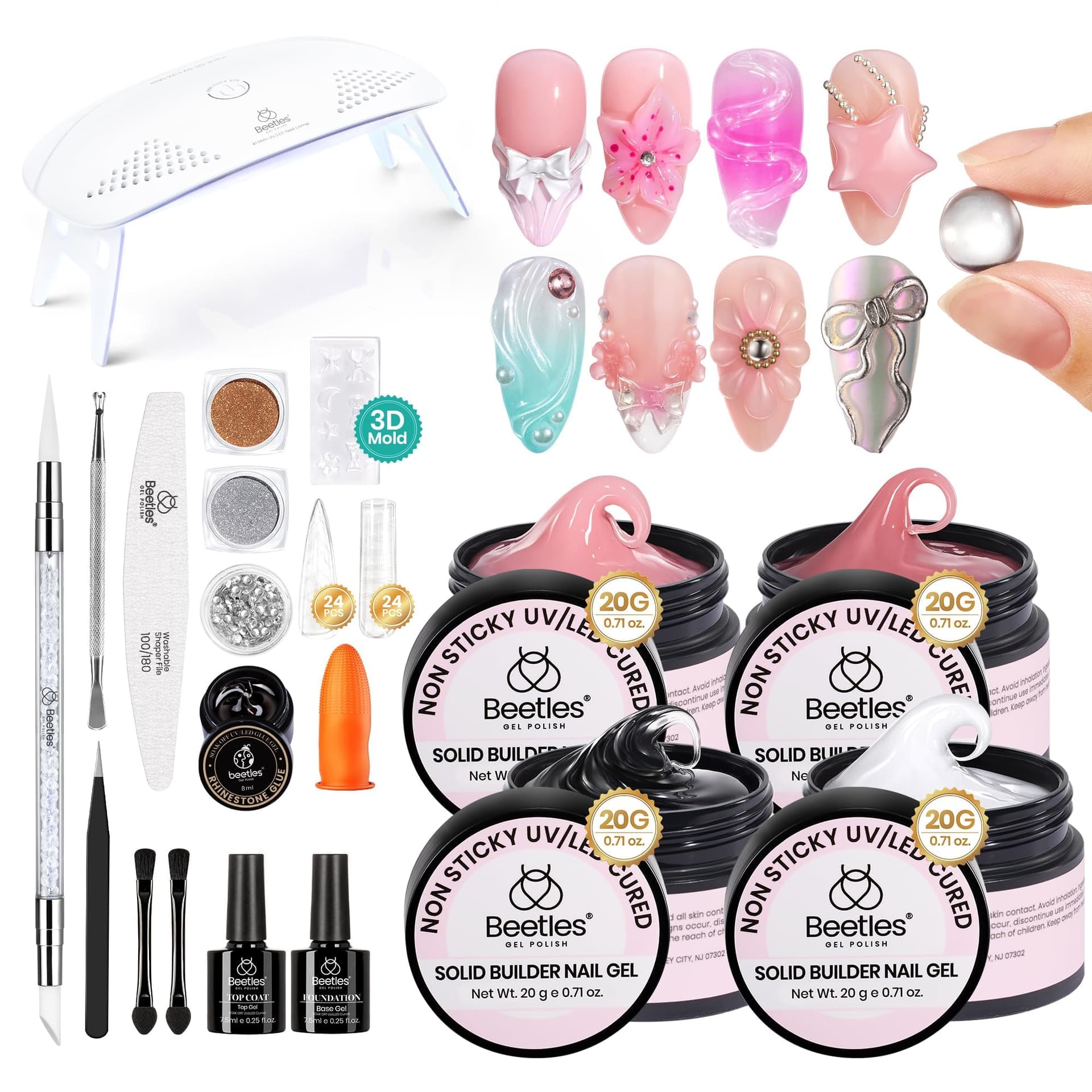 Beetles Solid Builder Gel for Nails, 20g *4 Colors Clear Pink White 3D Sculpting Gel Non-Sticky Hand Carving Nail Glue for 3D Nail Art with 3D Mold Chrome Nail Powder Tools Salon DIY at Home thumbnail 8
