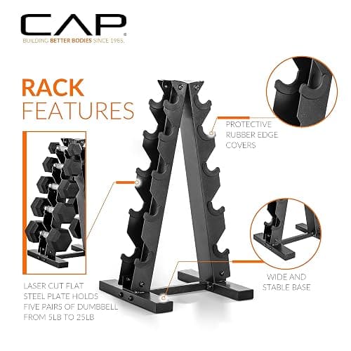 CAP Rubber Coated Hex Dumbbell Set with Storage Rack | 100–210 lb Options, Space-Saving Vertical Compact Storage for Home Gym Strength Training thumbnail 4