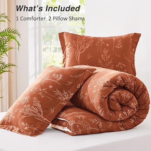 Love's cabin Terracotta Comforter Set Queen - Queen Size Comforter Set, 3 Pieces Cute Floral Bedding Sets for All Seasons,1 Soft Reversible Botanical Flowers Comforter and 2 Pillow Shams thumbnail 7