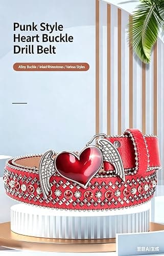 Women's Red Studded Belt with Angel Wing Heart Buckle, Rhinestone Embellished, Bohemian Style,Fits waistline 88-103CM thumbnail 2