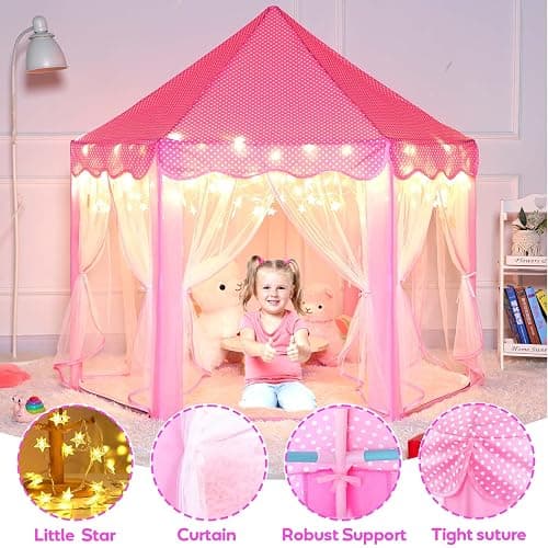 Princess Castle Tent with Rug for Girls Fairy Play Tents for Kids Hexagon Playhouse with Fairy Star Lights Toys for Children or Toddlers Indoor Games (Pink Princess Tent with Rug) thumbnail 6
