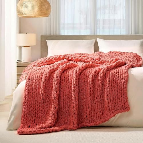 L'AGRATY Chunky Knit Blanket Throw: 50''x60'' Chenille Chunky Knitted Throw Blankets for Bed Couch - Handmade Thick Cable Knit Blanket - Large Crochet Rope Blankets for Home Decor(Coral Pink) - Image 1