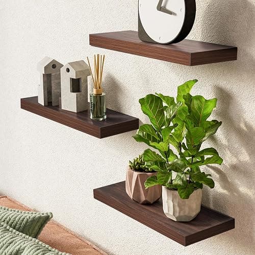 BAYKA Floating Shelves for Wall, Wall Mounted Rustic Wood Shelves for Bathroom, Bedroom, Living Room, Kitchen,Small Hanging Shelf for Books/Storage/Room Decor (Walnut-Like, Set of 3, 15.7in) thumbnail 2