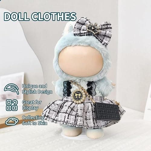 Clothes for Labubu – Lovely Doll Dress with Bow Headband & Mini Chain Bag, Fashion Accessories for Doll Outfit (Chic Black) thumbnail 4