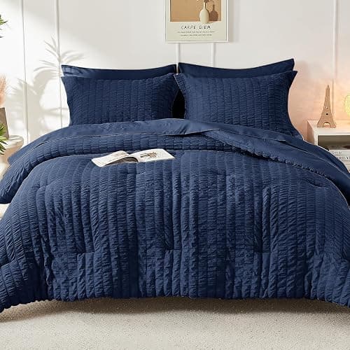 HYMOKEGE Navy Blue Full Size Comforter Sets Seersucker 7 Pieces, All Season Luxury Bed in a Bag for Bedroom, Bedding Set with Comforters, Sheets, Pillowcases & Shams thumbnail 9
