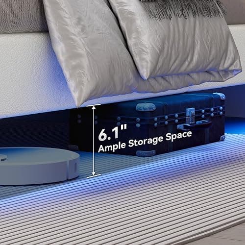 IMMERSTABLE Full Size Floating Bed Frame with LED Lights, Upholstered Platform Bed with Headboard, 11 in Storage Clearance, Solid Wood Slats, No Box Spring Needed, Easy Assembly, White thumbnail 6