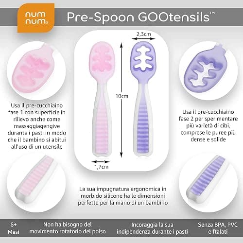 NumNum GOOtensil Pre-Spoons - Baby Spoons Set for 6+ Months - Silicone Self Feeding Utensils BPA-Free - Baby Led Weaning (BLW) Supplies & Feeding Essentials - 2 Spoons (Lilac & Rose) thumbnail 3