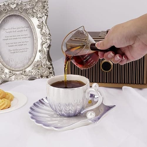 DODAMOUR Pearl Shell Cup and Saucer Set, 8oz Gradient Purple Ceramic Coffee Mug with Finish and Pearl Handle, Vintage Tea Cup with Shell Plate for Cappuccino, Latte, Home or Gift (Purple) thumbnail 6