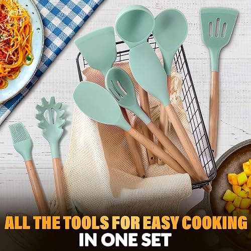 12 Pcs Kitchen Accessories Set with Holder, Silicone Heads (Light Green) | Kitchen Utensils Set for Cooking and Baking; Wooden Handles; Heat-Resistant up to 446°F; Non-Scratch for Nonstick Pans thumbnail 5
