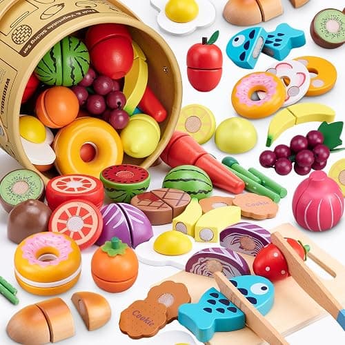 45 Pcs Wooden Pretend Play Food Set for Kids Kitchen - Realistic Cutting Fruits & Veggies with Easy-Cleanup Storage Bucket, Montessori Learning Toy Gift for Toddlers Ages 3-6 - Image 1