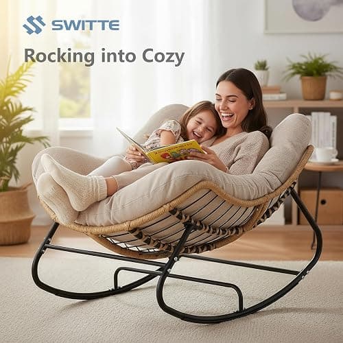 SWITTE Outdoor Rocking Chair, Oversized Patio Papasan Rocker, Comfy Wicker Reading Lounge, Indoor Egg Chair for Bedroom, Living Room, Porch, Garden, Lawn-Cream thumbnail 4