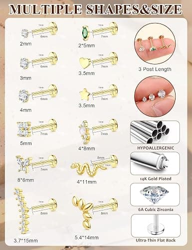 YADOCA 20G/18G/16G Threadless Nose Studs for Women Hypoallergenic Surgical Steel Flat Back Stud Earrings 14K Gold Plated Push in Nose Rings Studs CZ Lip Labret Cartilage Helix Tragus Piercing Jewelry thumbnail 4