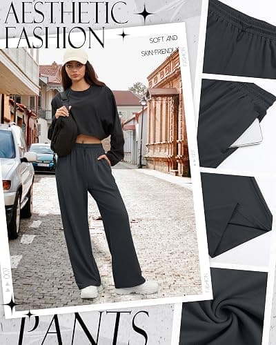Neer 3 Pack Womens Wide Leg Sweatpants Elastic High Waisted Baggy Long Pant Casual Lounge Yoga Drawstring Jogger with Pockets thumbnail 4