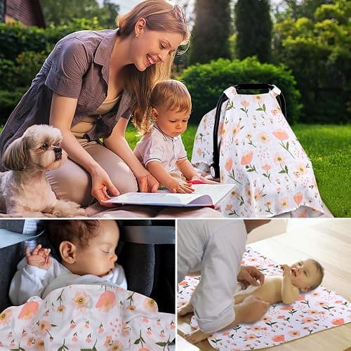 Muslin Car Seat Cover for Babies, Metplus Breathable Infant Carseat Cover Lightweight Baby Carrier Cover for Girls Boys, Fit Spring Summer/Hot Days/Warm Weather, Pink Floral thumbnail 7