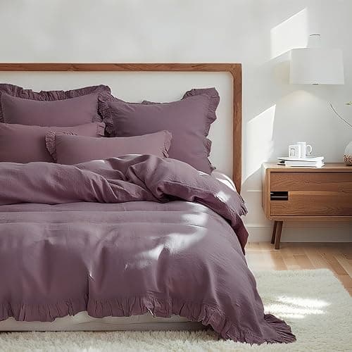 Simple&Opulence 100% Linen Duvet Cover Set, 3 PCS Natural French Flax Purple Ruffle Duvet Cover King Size, Breathable Comfy Linen Bedding Comforter Cover with 2 Pillowcases (Purple, 104" X 92") - Image 1