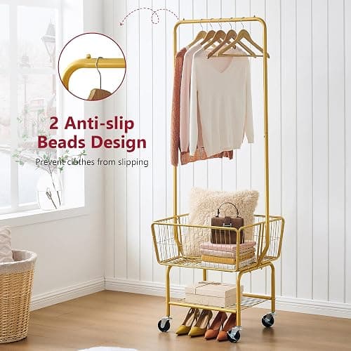 Tajsoon Rolling Laundry Cart with Hanging Rack & Laundry Basket, Gold | Metal Commercia Laundry Cart with Wheels, Laundry Hamper Sorter with Storage Basket & Shelf, Laundry Room, Bathroom, Bedroom thumbnail 7