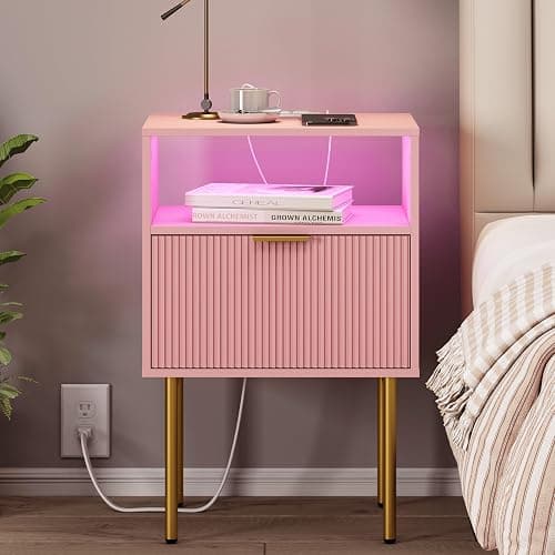 JOONEE Modern Nightstand with Charging Station and LED Lights, White Bedside Table with Drawer, Fluted Side Table for Living Room, Bedroom - Image 1